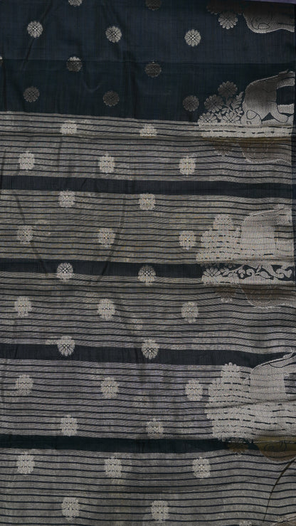 Semi Tussar Saree - Elephant Butta- Bottle Green