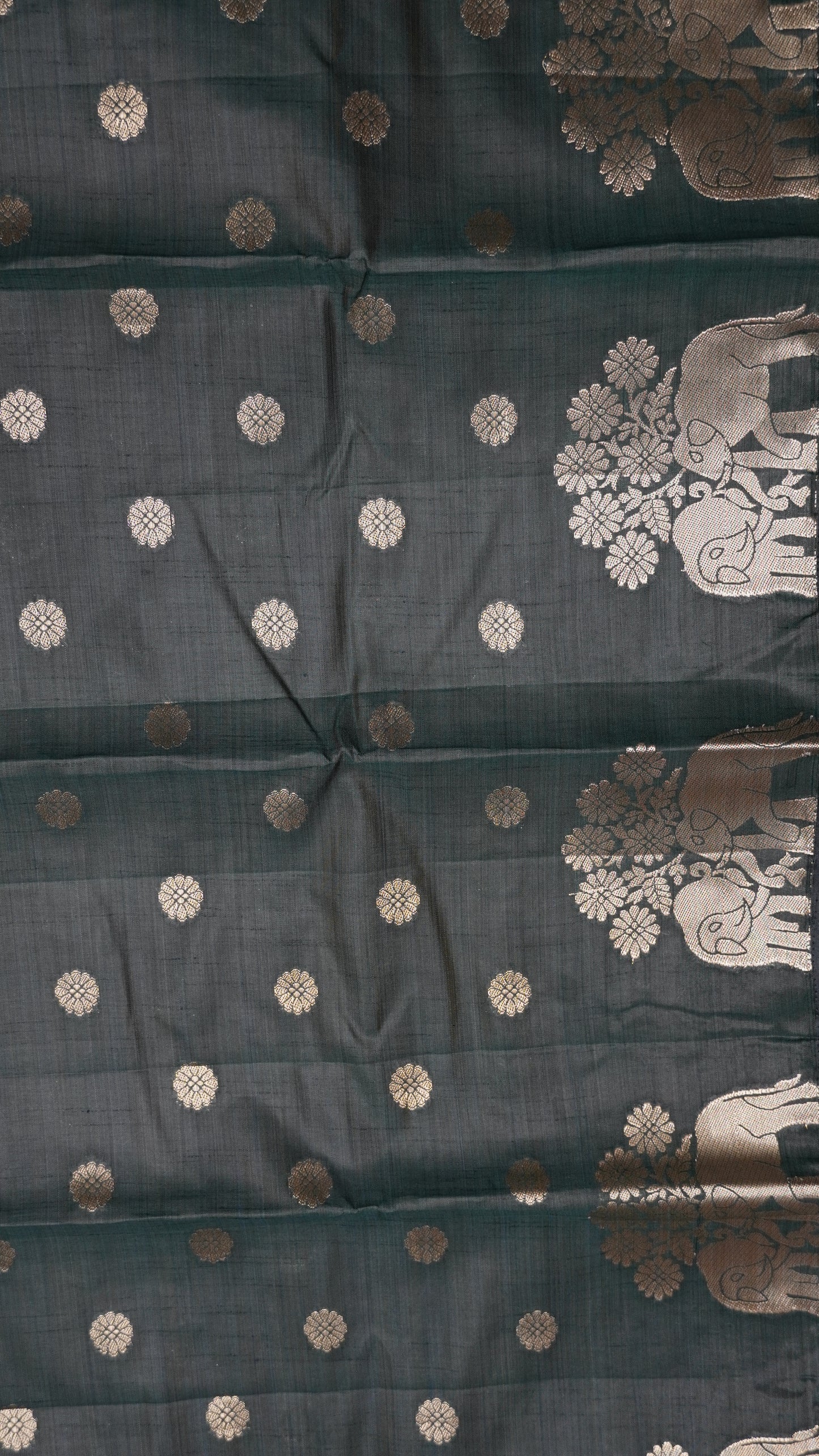 Semi Tussar Saree - Elephant Butta- Bottle Green