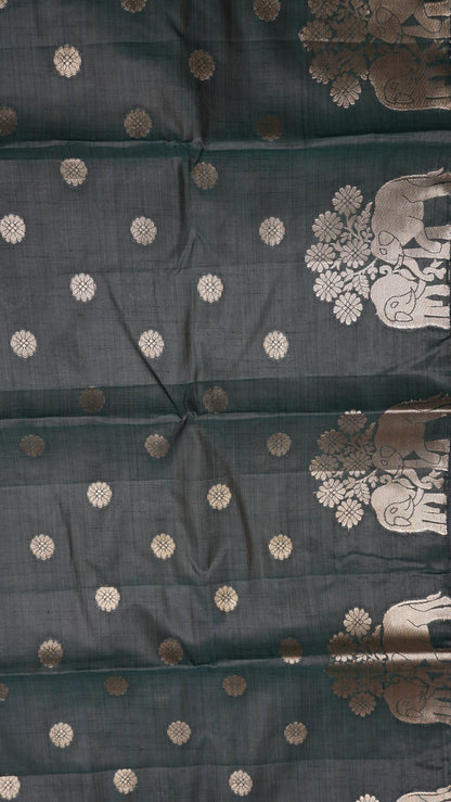 Semi Tussar Saree - Elephant Butta- Bottle Green