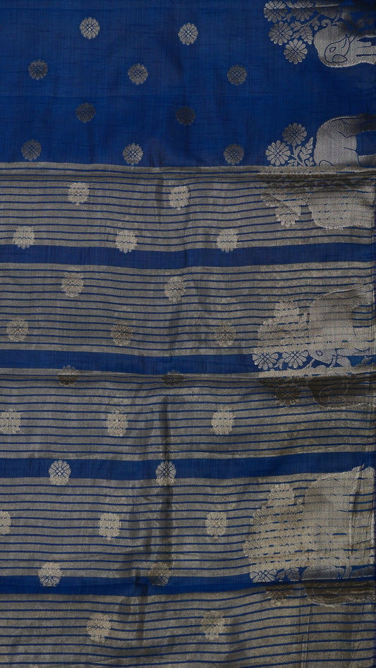 Semi Tussar Saree - Elephant Butta- Peacock Blue