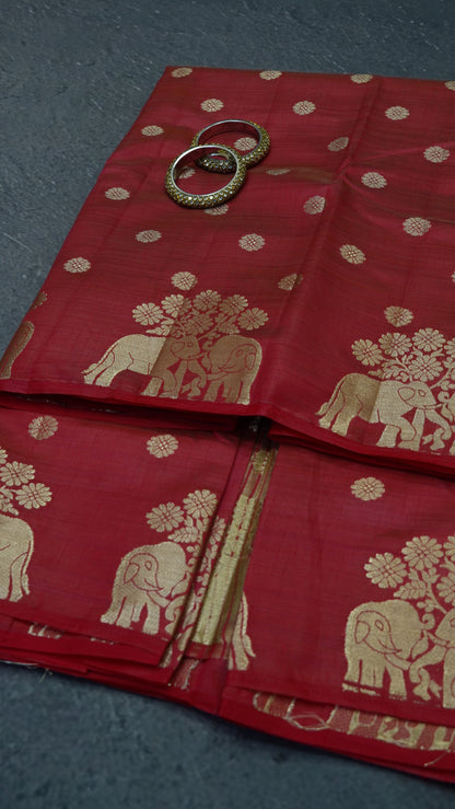Semi Tussar Saree - Elephant Butta- Reddish Pink