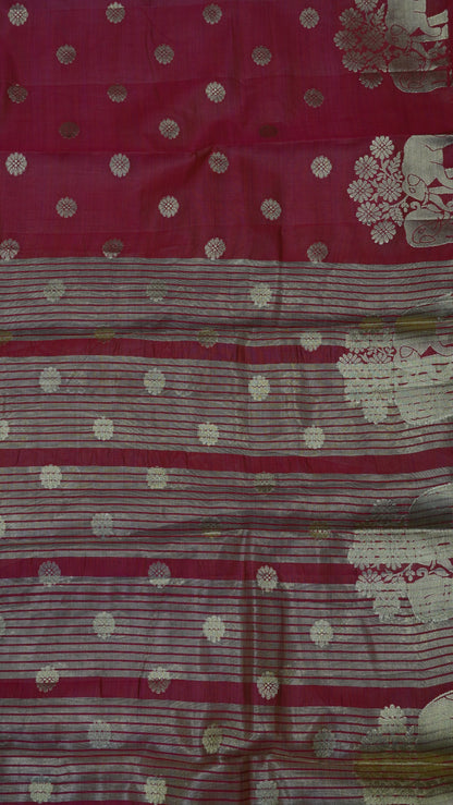 Semi Tussar Saree - Elephant Butta- Reddish Pink