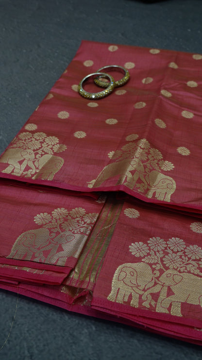 Semi Tussar Saree - Elephant Butta-Pink