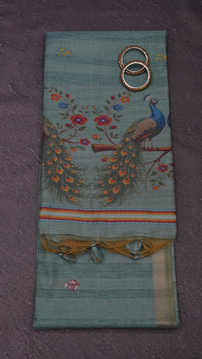 Moonga Cotton Saree - Peacock Print Sea Green