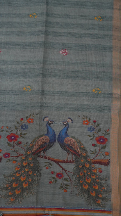 Moonga Cotton Saree - Peacock Print Sea Green