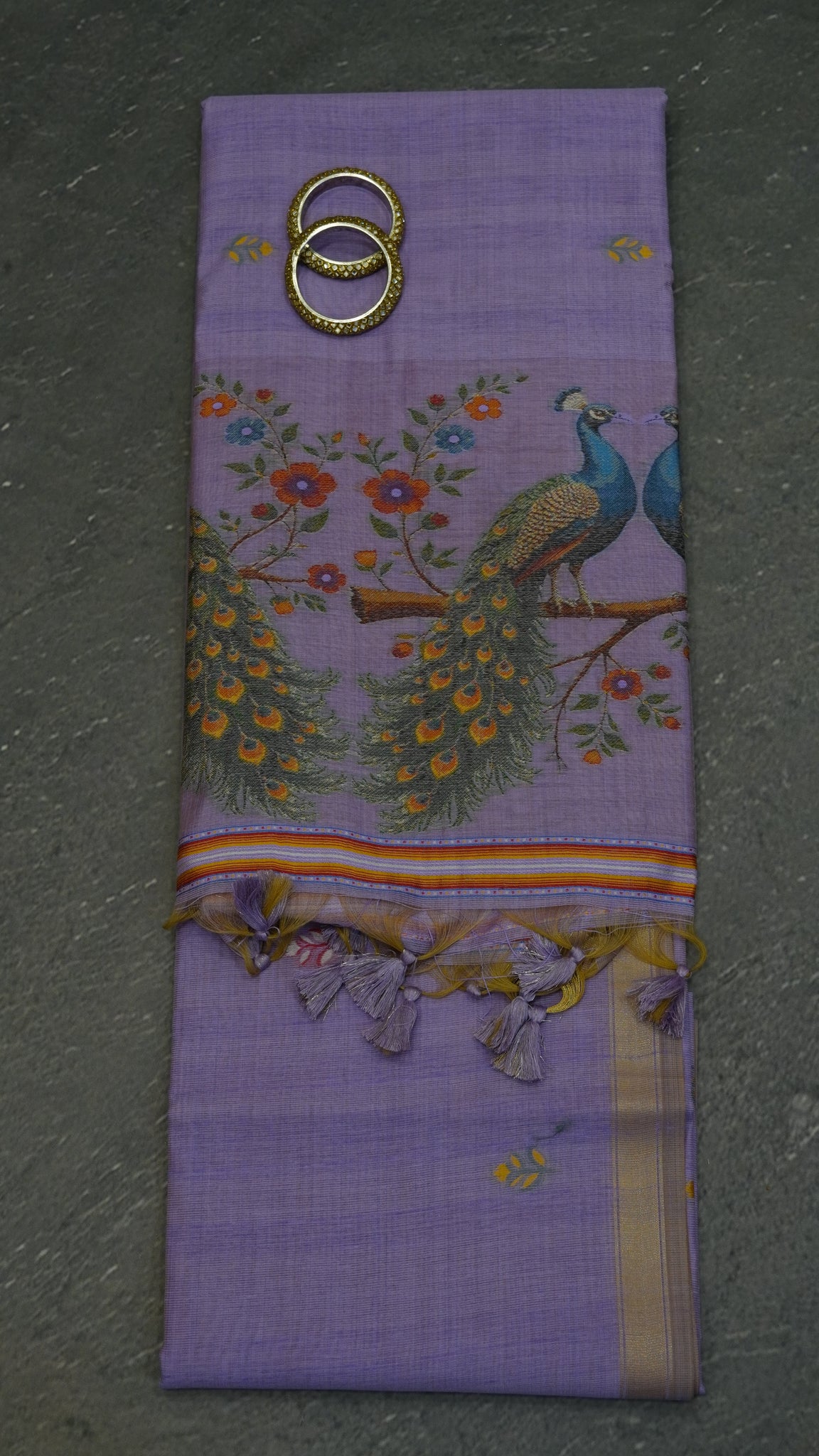 Moonga Cotton Saree - Peacock Print Lavender
