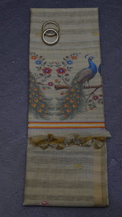 Moonga Cotton Saree - Peacock Print Sandal