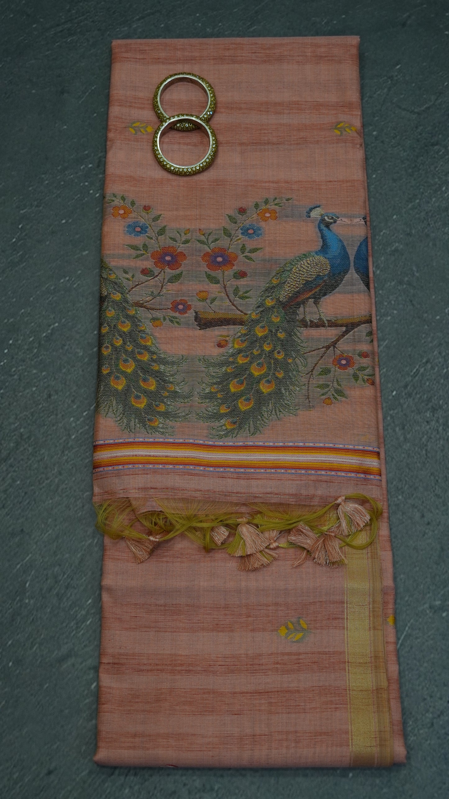 Moonga Cotton Saree - Peacock Print Pastle Peach