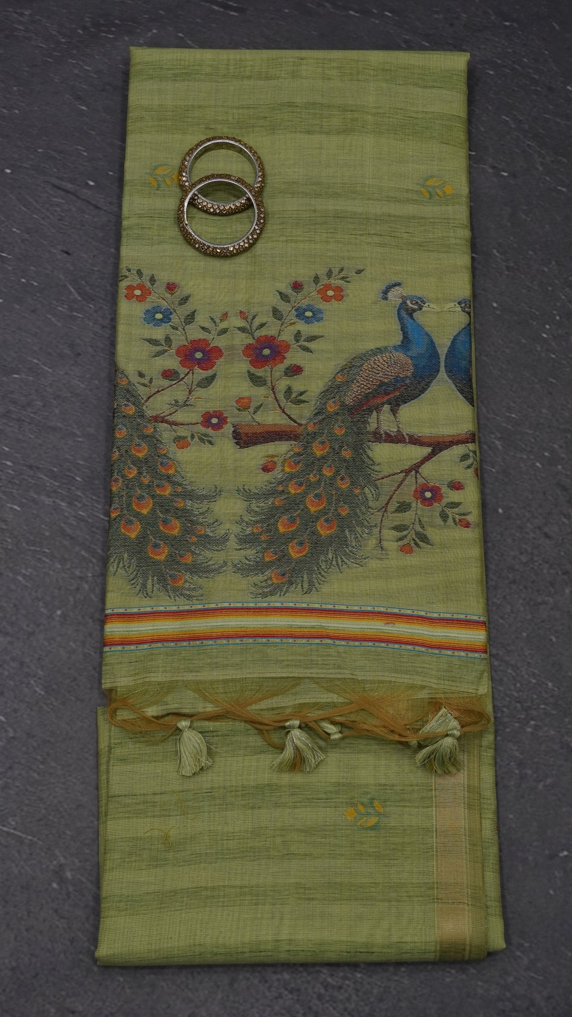 Moonga Cotton Saree - Peacock Print Light Green