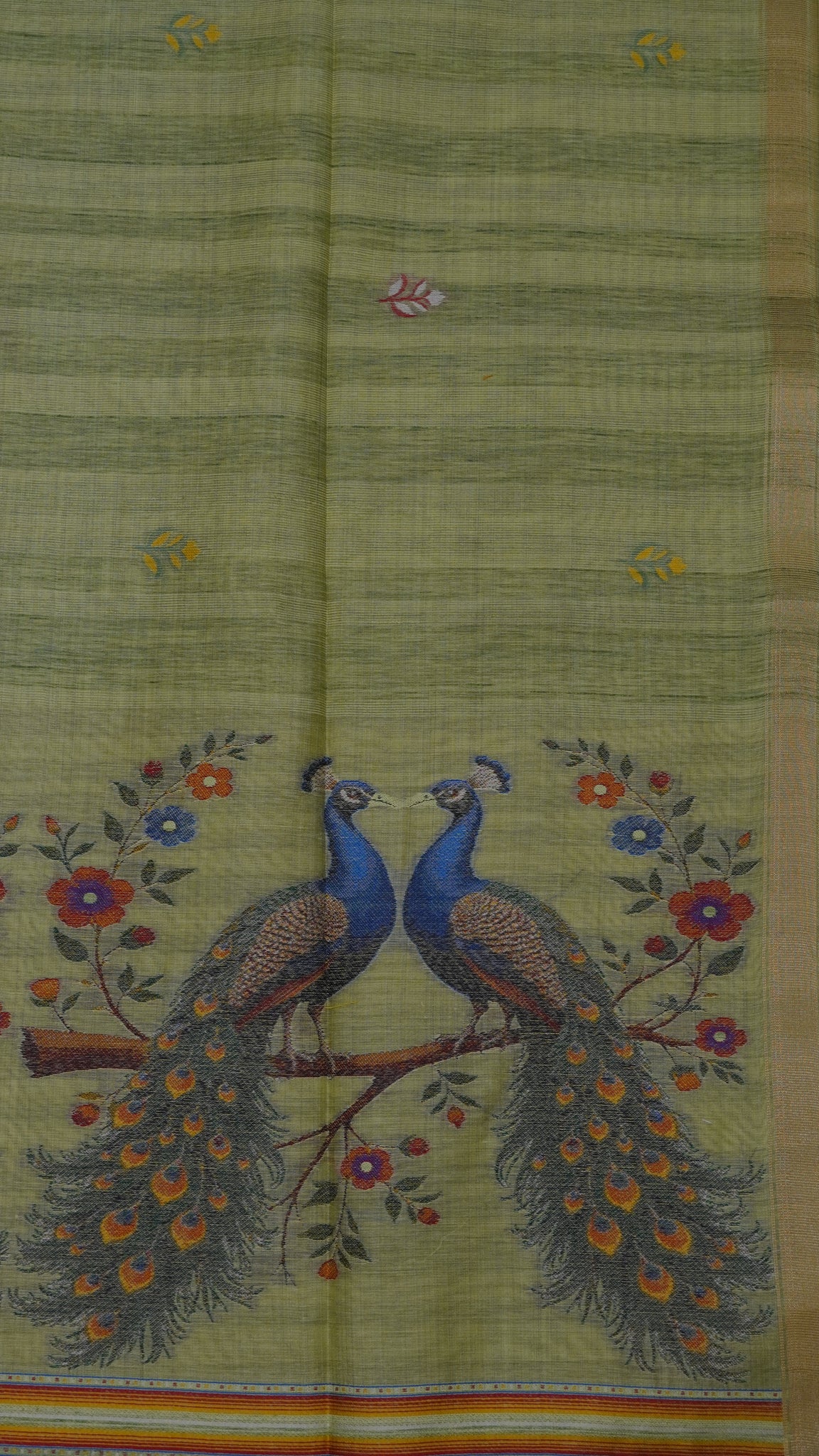 Moonga Cotton Saree - Peacock Print Light Green
