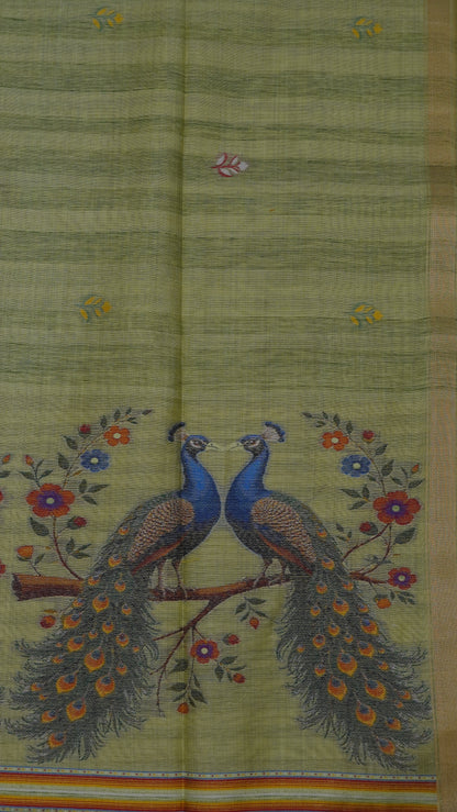 Moonga Cotton Saree - Peacock Print Light Green