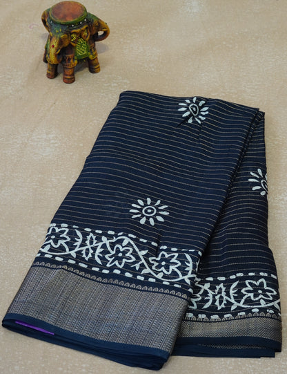 Dola Silk Saree Floral Print - Black