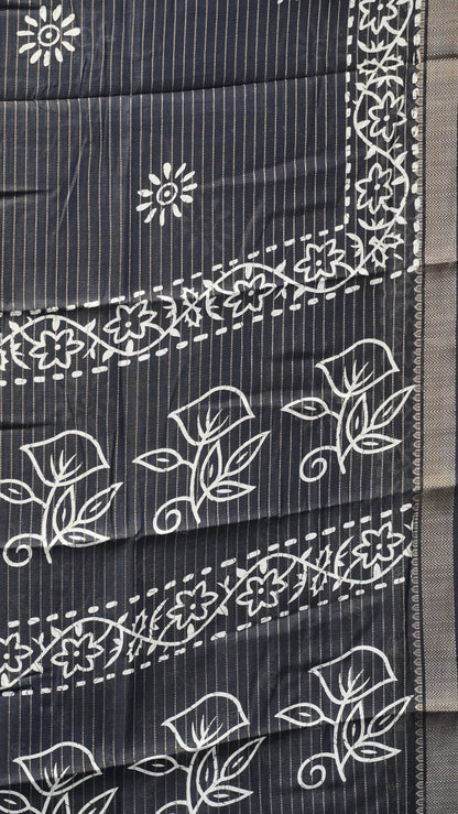 Dola Silk Saree Floral Print - Black