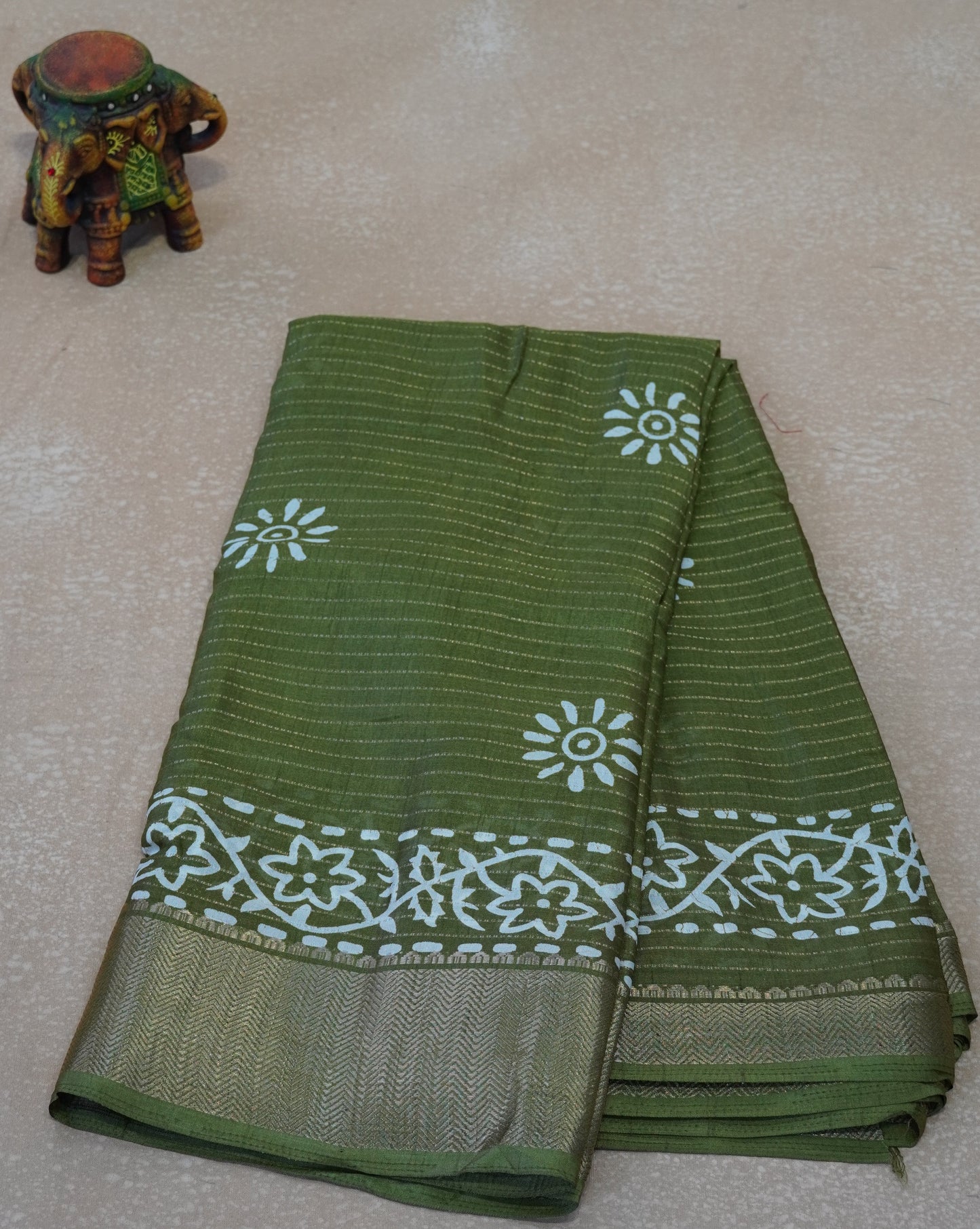 Dola Silk Saree Floral Print - Olive green