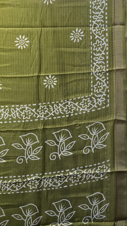 Dola Silk Saree Floral Print - Olive green