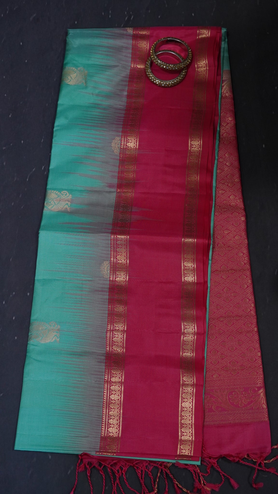 Pure Kanchipuram Silk Saree - Light Sea-Green - Pink