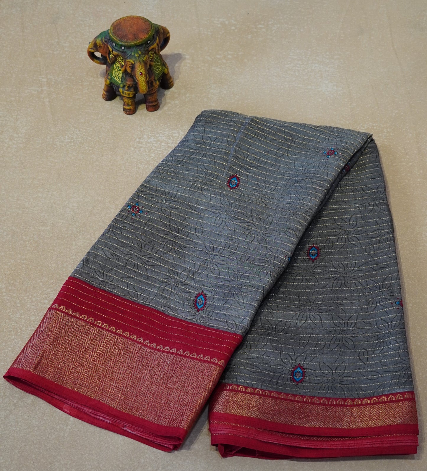 Dola Silk Saree Zari lines-Grey