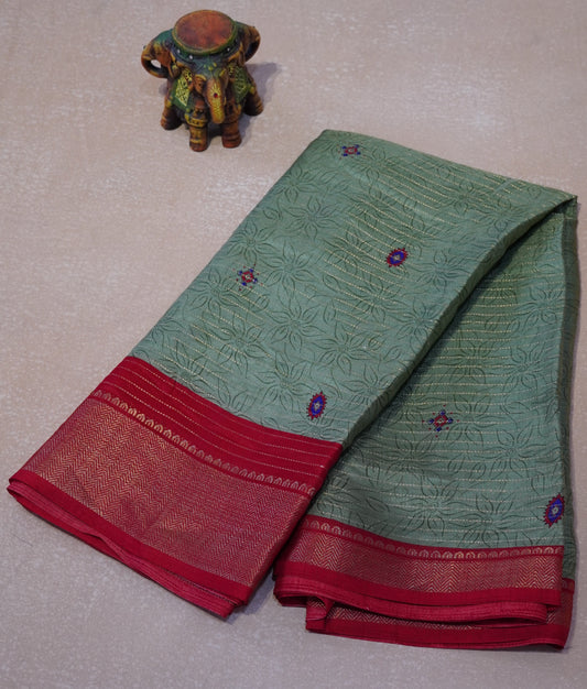 Dola Silk Saree Zari lines-Olive Green