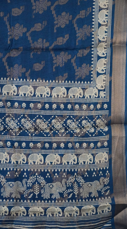 Dola Silk Saree Elephant print-Peacock Blue
