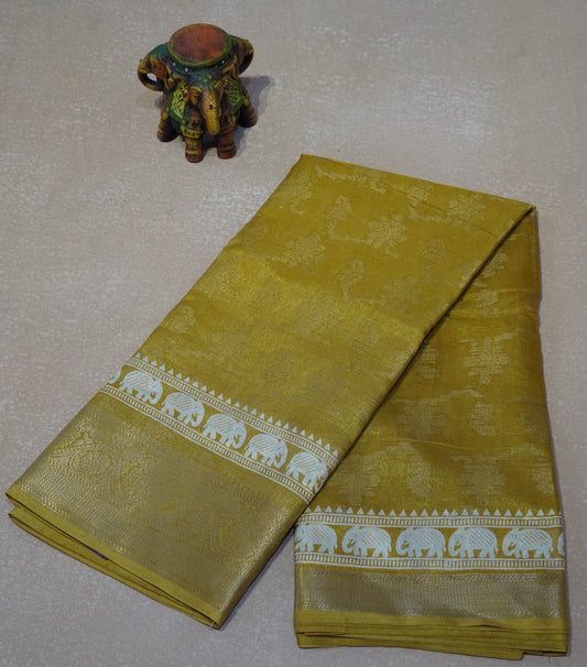 Dola Silk Saree Elephant print-Mustard