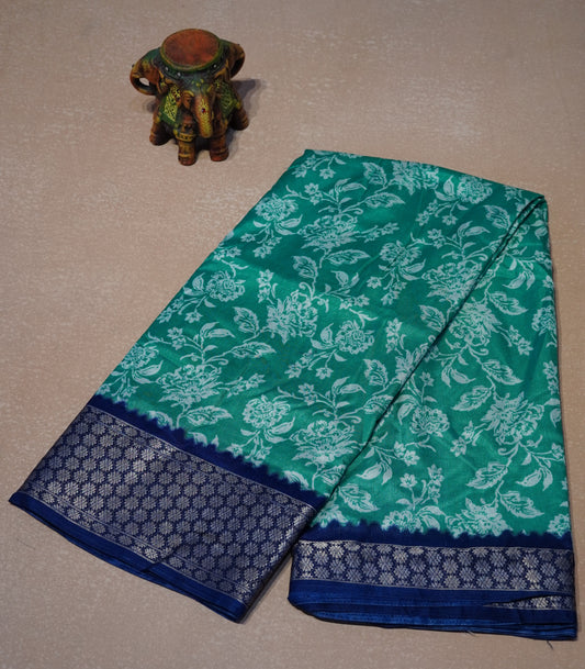 Dola Silk Saree Floral print-Teal green