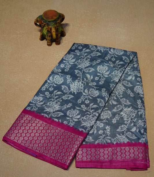 Dola Silk Saree Floral print-Grey-pink