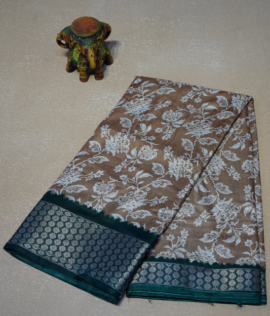 Dola Silk Saree Floral print-Brown
