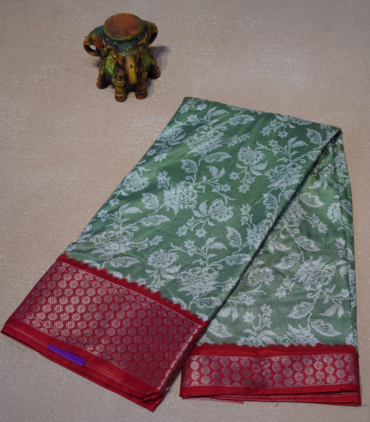 Dola Silk Saree Floral print-Green