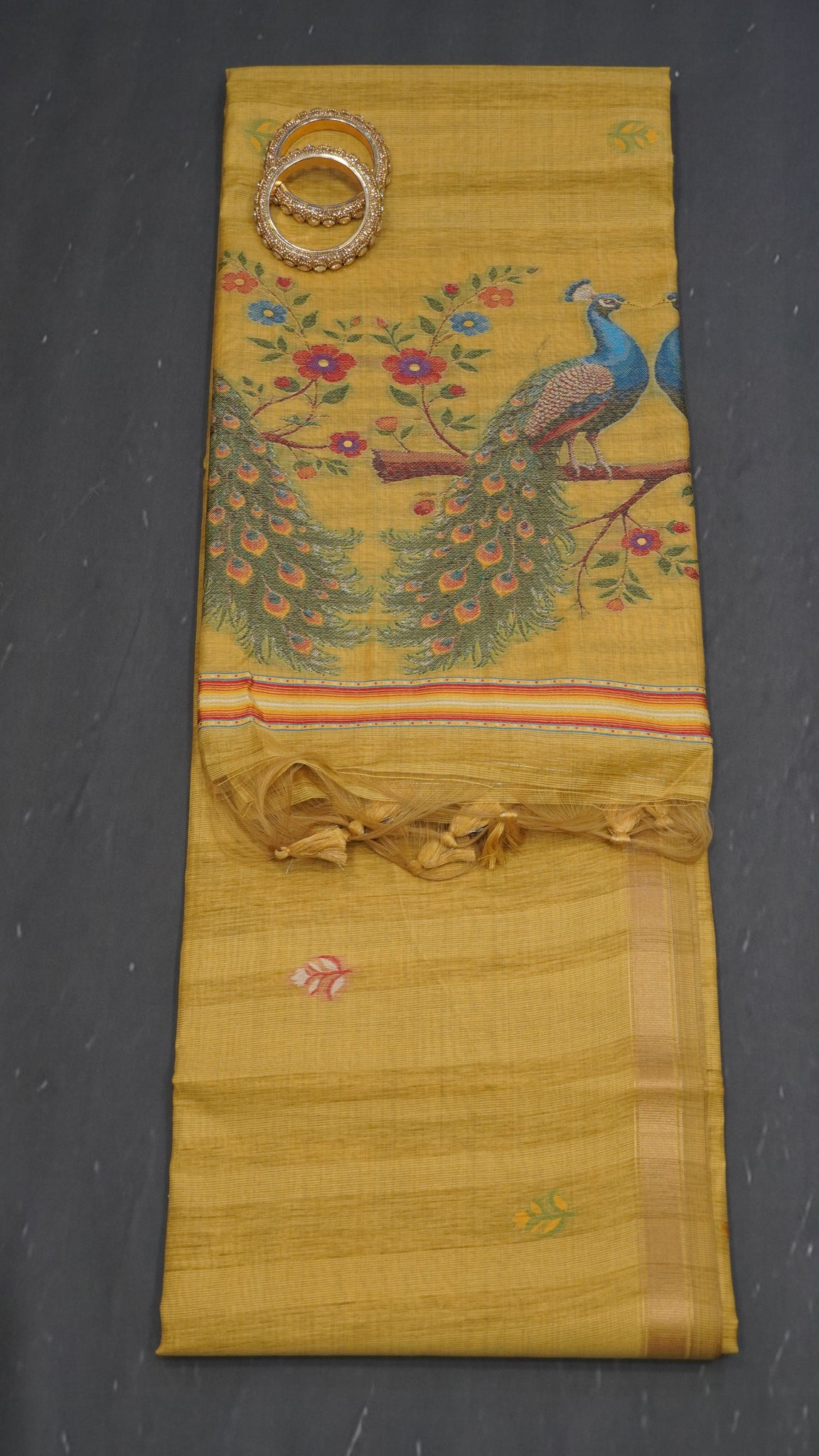 Moonga Cotton Saree - Peacock Print Mustard