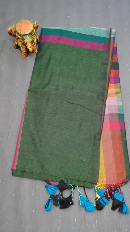 Khadi Cotton Saree-Checks Sage Green