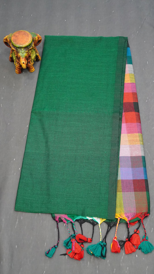 Khadi Cotton Saree-Checks Army Green