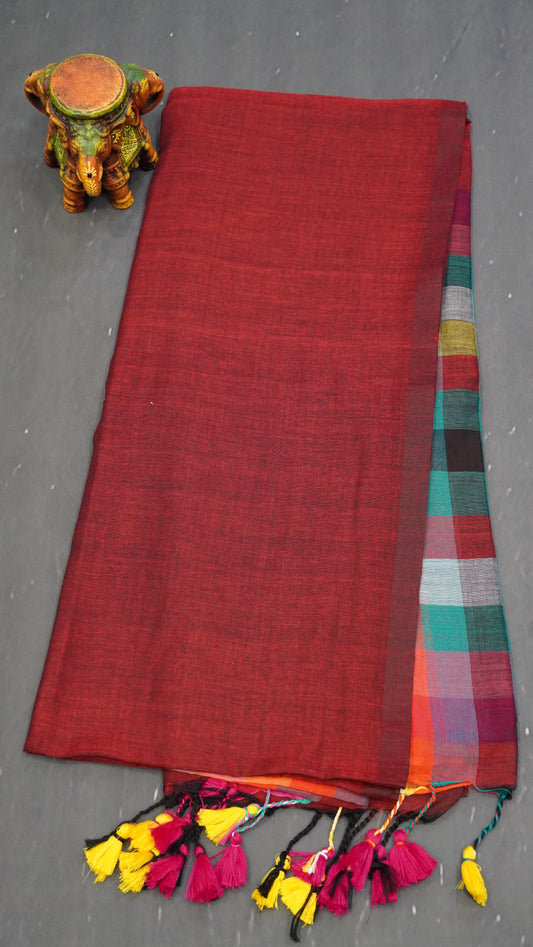Khadi Cotton Saree-Checks  Maroon