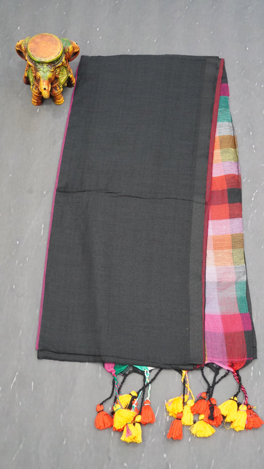 Khadi Cotton Saree-Checks  Black