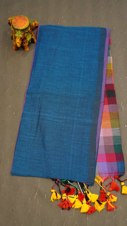 Khadi Cotton Saree-Checks  Blue