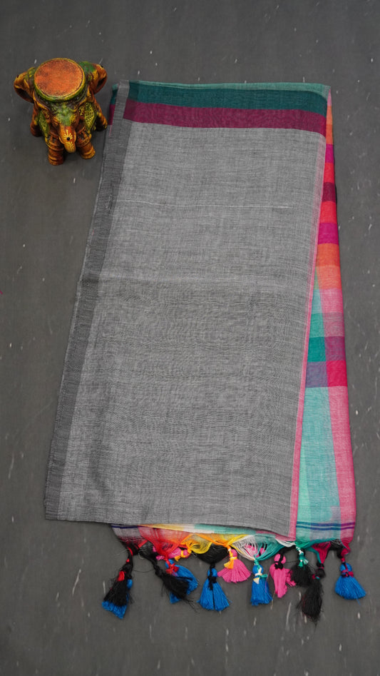 Khadi Cotton Saree-Checks  Grey