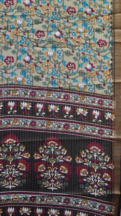 Dola Silk Saree Floral Zari Lines-Beige