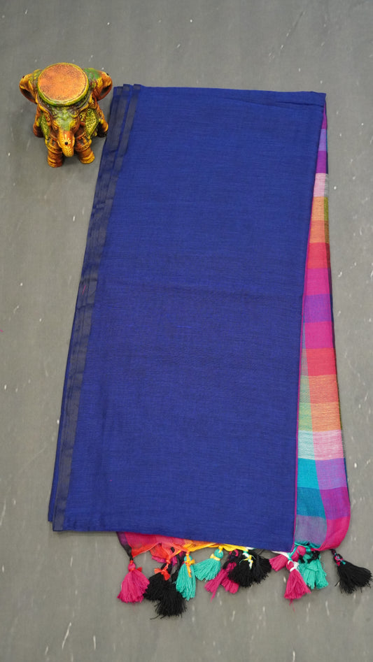 Khadi Cotton Saree-Checks  Dark Blue