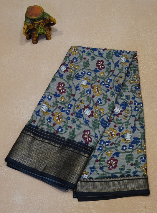 Dola Silk Saree Floral Zari Lines-Grey
