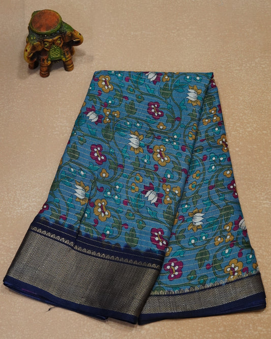 Dola Silk Saree Floral Zari Lines-Blue