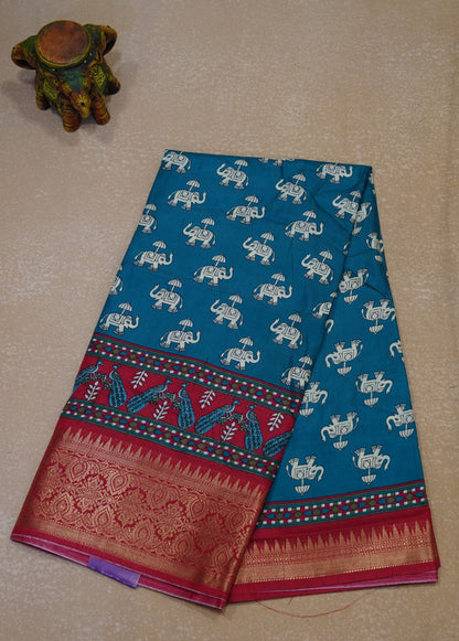 Dola Silk Saree Elephant Print-Rama Green