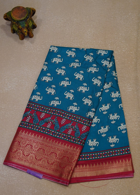 Dola Silk Saree Elephant Print-Rama Green