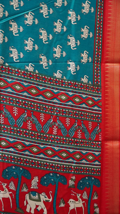 Dola Silk Saree Elephant Print-Rama Green