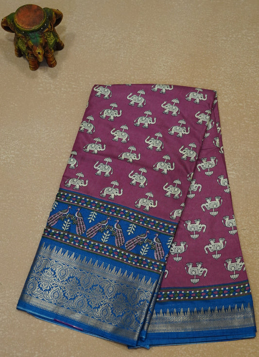 Dola Silk Saree Elephant Print-Purple
