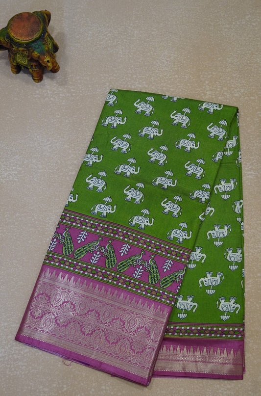 Dola Silk Saree Elephant Print-Green