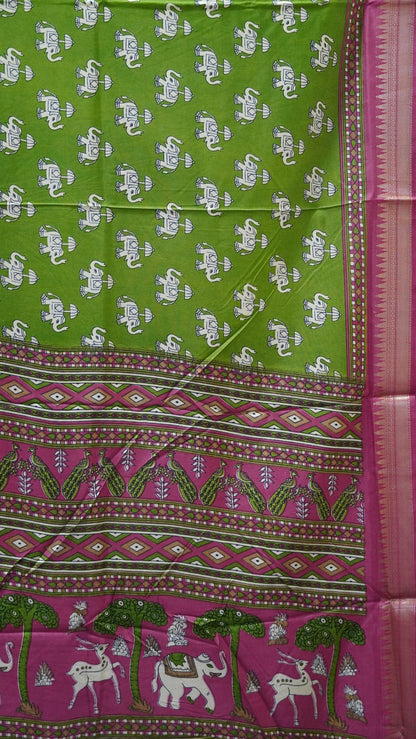 Dola Silk Saree Elephant Print-Green