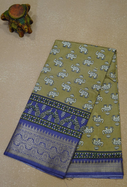 Dola Silk Saree Elephant Print-Beige