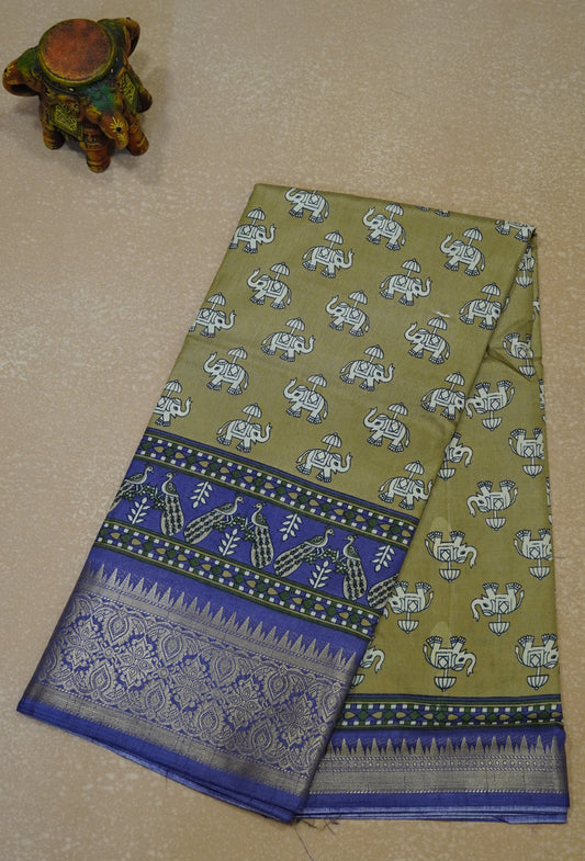 Dola Silk Saree Elephant Print-Beige