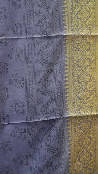 Dola Silk Saree Elephant Print-Beige