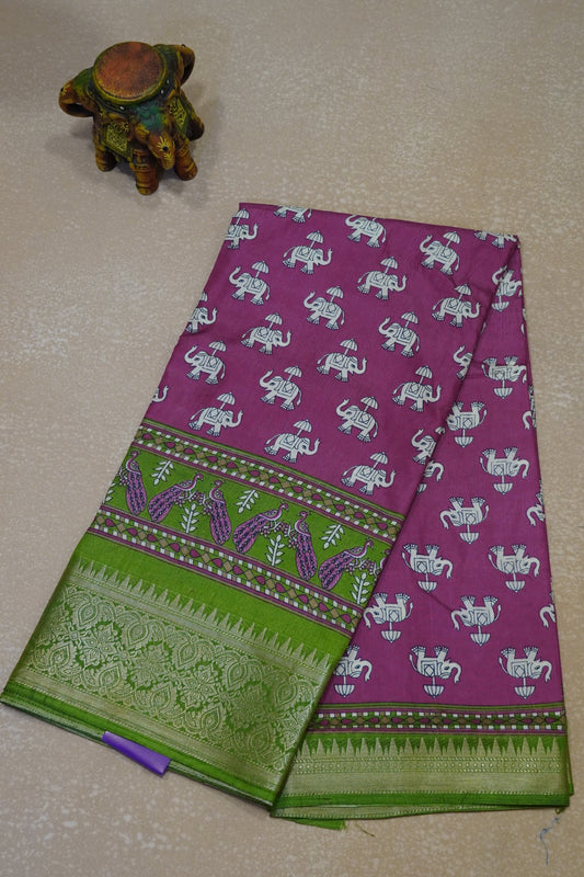 Dola Silk Saree Elephant Print-Pink