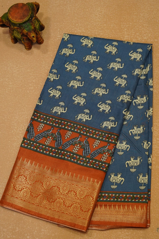 Dola Silk Saree Elephant Print-Blue